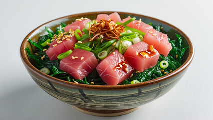 A Hawaiian poke bowl with fresh tuna and seaweed