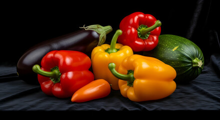 Colorful Display Of Garden Vegetables In Dramatic Lighting On Black Backdrop