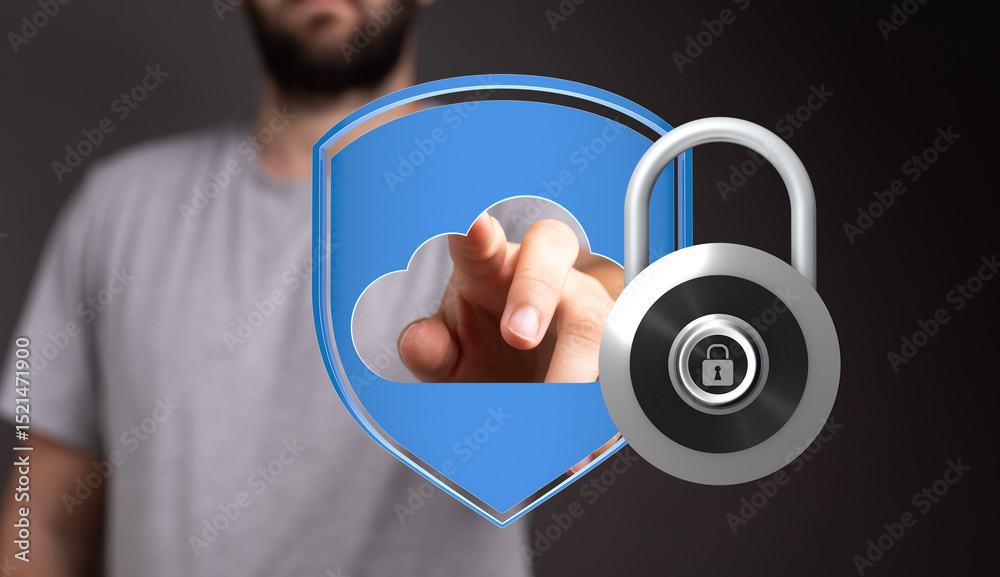Poster Image of a man interacting with a digital shield and lock, symbolizing secure cloud data protection.