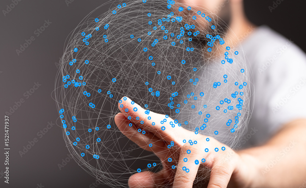 Leinwandbilder Abstract image of a hand interacting with a digital sphere representing global network connections and data flow.