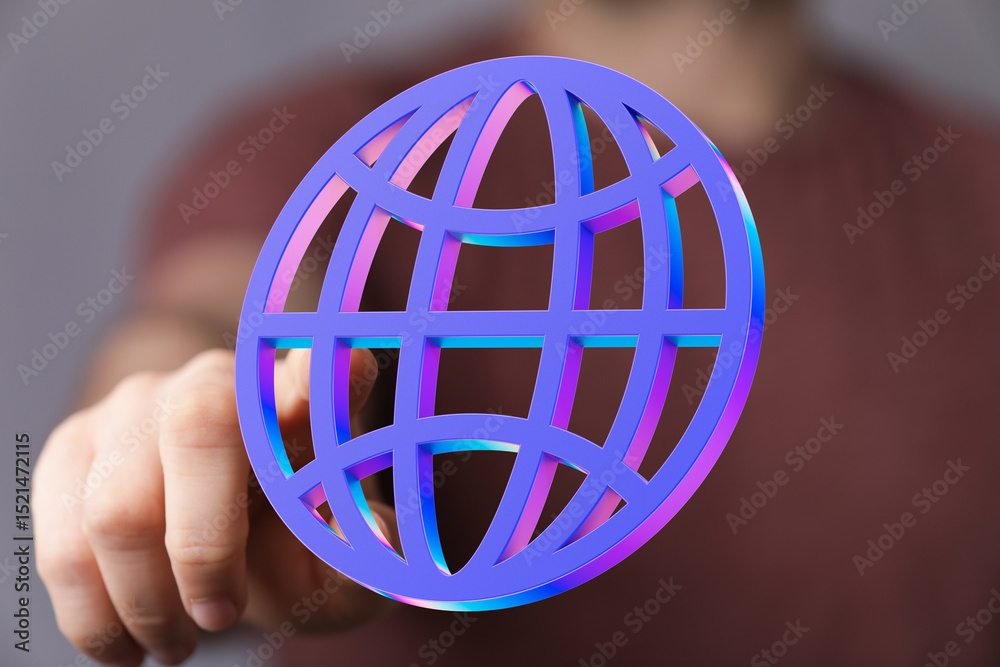 Aufkleber Abstract image of a hand interacting with a vibrant 3D globe icon, symbolizing global connection and networking.