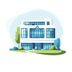 Modern Hospital Building with Blue Accents Surrounded by Green Landscape Illustration Vector Artwork White and Blue Architecture with Landscaping