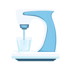 Modern Light Blue and White Coffee Maker Pouring Water Into Glass Cup on White Background