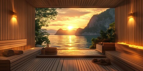 Serenity of a wooden spa retreat overlooking mountains during a stunning sunset by the water