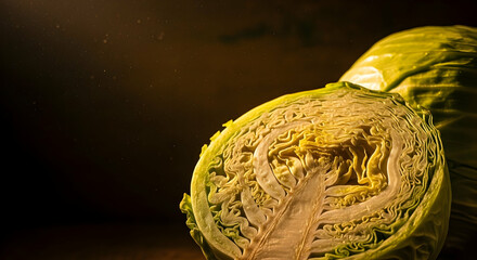 Obraz premium Dramatic Lighting Showcasing The Textural Complexity of a Sliced Cabbage