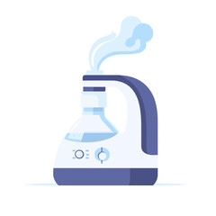 Modern White and Blue Humidifier with Steam on White Background for Home Health and Wellness