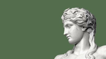 Classical marble bust of a serene young figure with detailed wavy hair and laurel wreath against a muted green background, evoking timeless grace.
