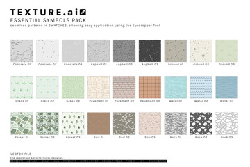 Vector pattern texture cad set for landscape architecture. Includes concrete, asphalt, grass, pavement, water, gravel, soil, forest, and stone surfaces. color