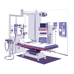 Operating Room Interior with Surgical Table in Purple Tones and Medical Equipments for Hospital Healthcare Illustration