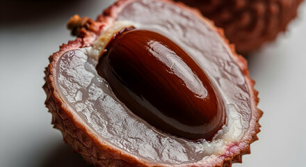 Exotic Lychee Fruit Section Revealing Juicy Pulp And Gleaming Seed