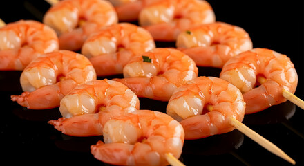 Grilled Shrimp Skewers Displayed On A Dark Background With Subtle Reflections
