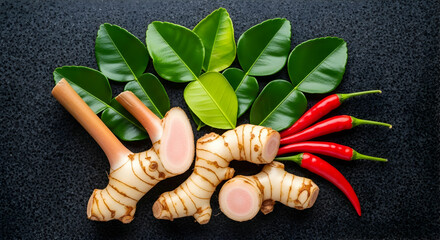 Fresh Galangal Ginger Root, Kaffir Lime Leaves and Red Chili Peppers