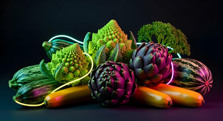 Illuminated Vegetables Composition With Romanesco Broccoli And Artichokes On Dark Background