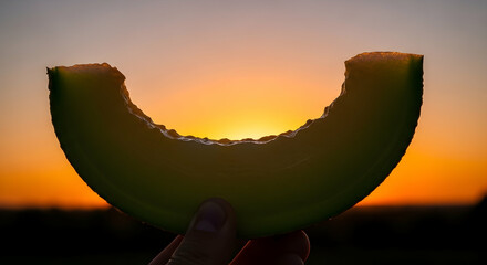 Honeydew Melon Slice Against a Vibrant Sunset Backdrop
