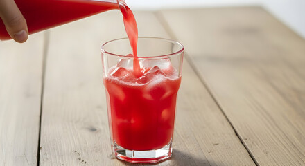 Refreshing Summer Beverage Poured into Glass with Ice on Rustic Wood Table