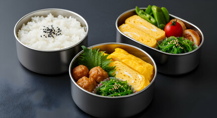 Japanese Bento Boxes With Rice Rolled Omelet And Variety Of Side Dishes
