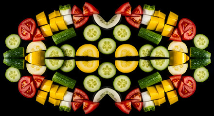 Symmetrical Arrangement Of Fresh Vegetables Against A Dark Background
