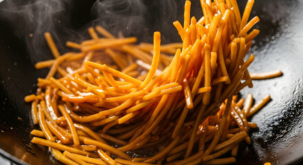 Steaming Hot Wok Of Stir Fried Noodles At An Asian Restaurant