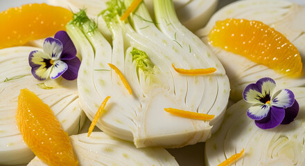 Elegant Food Presentation Featuring Sliced Fennel, Citrus Fruit And Pansy Flowers