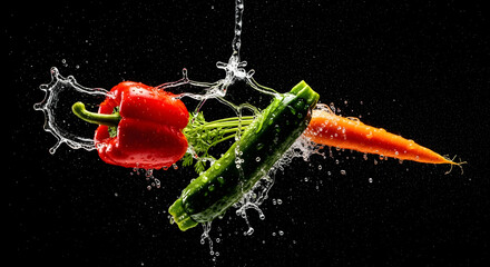 Fresh Vegetables In Water Splash With Black Background Studio Shot