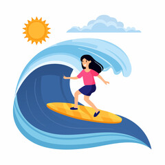Vector illustration in flat style, summer banner and print, summer and vacation vibes, girl surfing on the wave in the ocean.