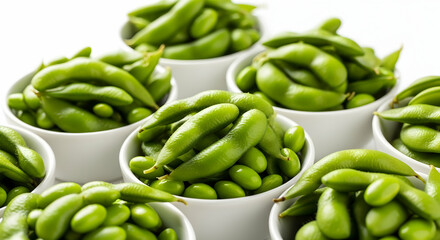 Fresh Edamame Displayed In White Bowls On Clean Background Close Up