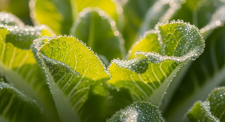Close Up Of Fresh Green Lettuce Leaves Sparkling With Morning Dew