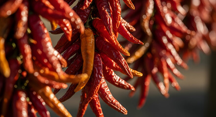 Vibrant Display Of Dried Red Chili Peppers String Hung For Decoration