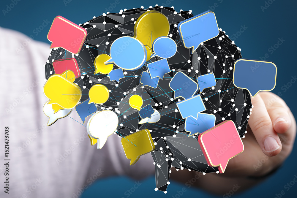 Fototapete Abstract image of a brain with interconnected speech bubbles, representing communication networks and ideas.