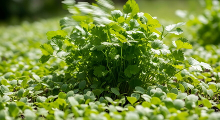 Fresh Cilantro Growing in a Verdant Garden, Cultivated with Care
