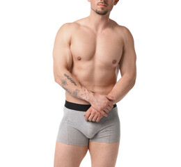 Fototapeta premium Young man in stylish light grey underwear on white background, closeup
