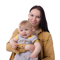Mother and her cute baby on white background
