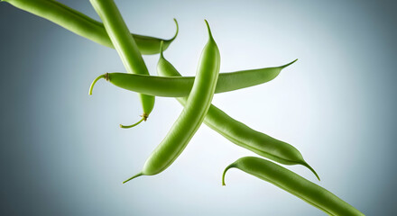 Fototapeta premium Falling Green Beans Against a Gradient Backdrop Fresh Culinary Ingredient