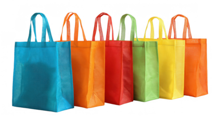 Vibrant reusable shopping bags lined up in a row highlight eco friendly designs and their potential for reducing plastic waste against a transparent background