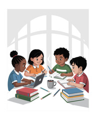 Diverse group of children studying together at a table