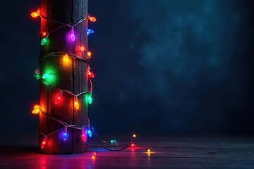 Colorful LED string lights wrapped around a wooden post against a dark textured background, led string lights, nature, fairy lights