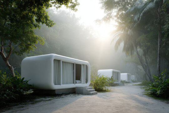 serene eco hotel featuring modern capsule houses set amidst lush fragrant garden