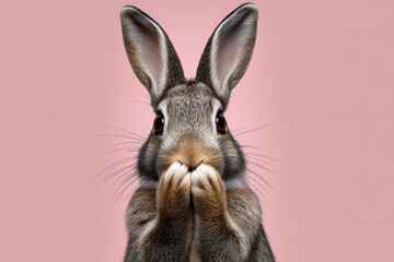 Cute rabbit with attentive expression resting against a pastel pink background in a tranquil moment of curiosity and charm
