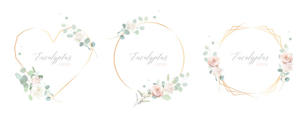Floral eucalyptus and gold vector frames. Hand painted branches, leaves on white backgrounds. Greenery wedding simple minimalist invitations. Watercolor cards. All elements are isolated and editable
