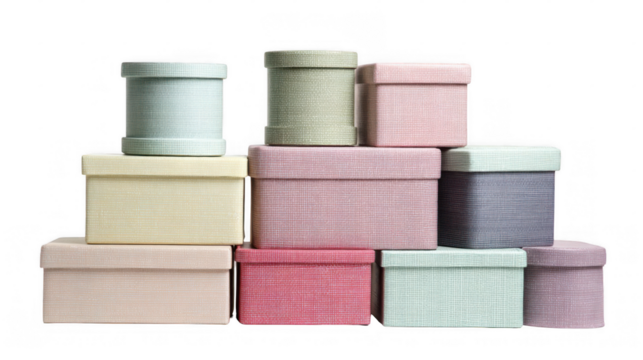 Ten decorative pastel colored boxes of various shapes and sizes are arranged in a pyramid structure, creating a visually appealing display against a transparent background