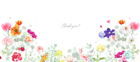 Colorful floral vector design frame. Purple clematis, magenta red peony, orange tulips, tropical flowers, orchid, hydrangea, greenery and plants card. All flowers and branches are isolated and movable
