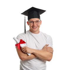 Happy student with diploma after graduation on white background