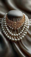 Fototapeta premium Elegant pearl and gold necklace displayed on silk background during a jewelry showcase event in a luxury setting