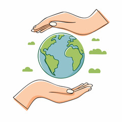 Vector illustration in flat linear minimal hand drawn simple style and logo design template - hands and planet earth - ecology concept
