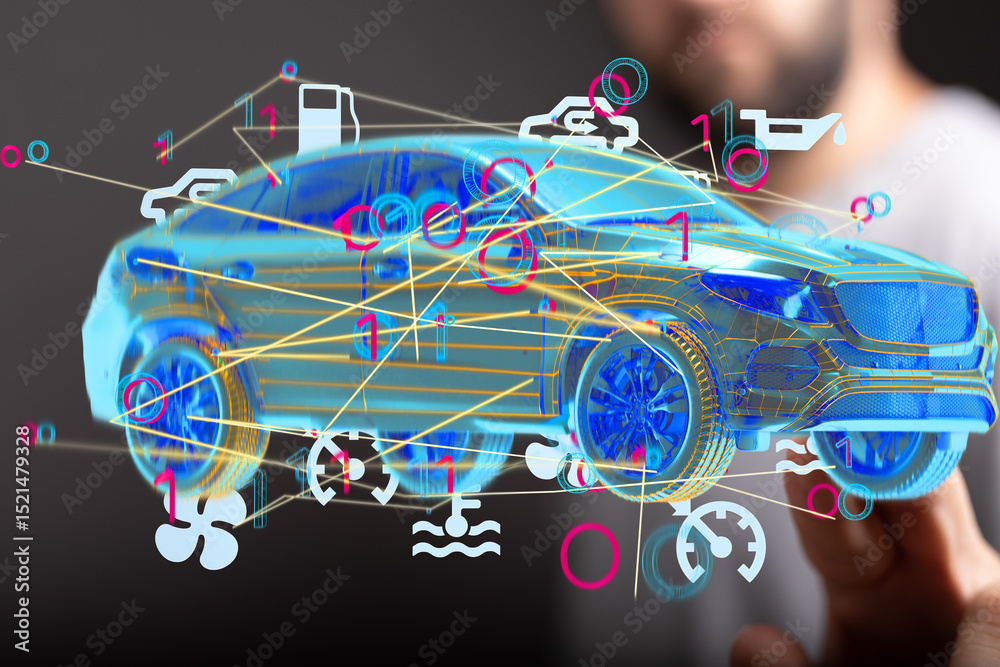 Aufkleber Futuristic concept of a smart vehicle displaying sensor data and maintenance alerts.