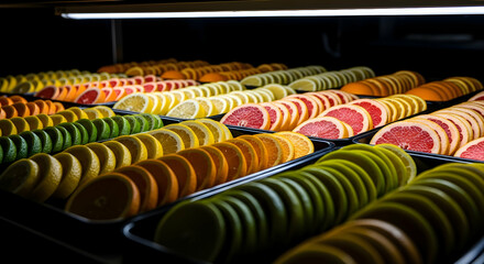 Naklejka premium Rows Of Freshly Sliced Citrus Fruits Offer A Vibrant And Colorful Display