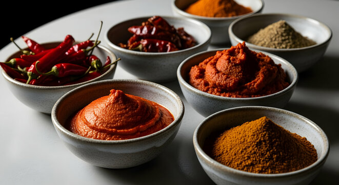 Variety Of Dried Peppers And Red Curry Paste In Ceramic Bowls On White Table