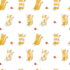 Funny cats with a surprised expression in playful doodle style, seamless pattern. Hand drawn illustration. Yellow joyful color palette with red accents
