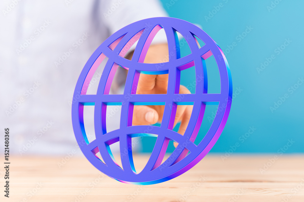 Aufkleber Abstract image of a hand reaching towards a vibrant 3D globe, symbolizing global connectivity and networking.