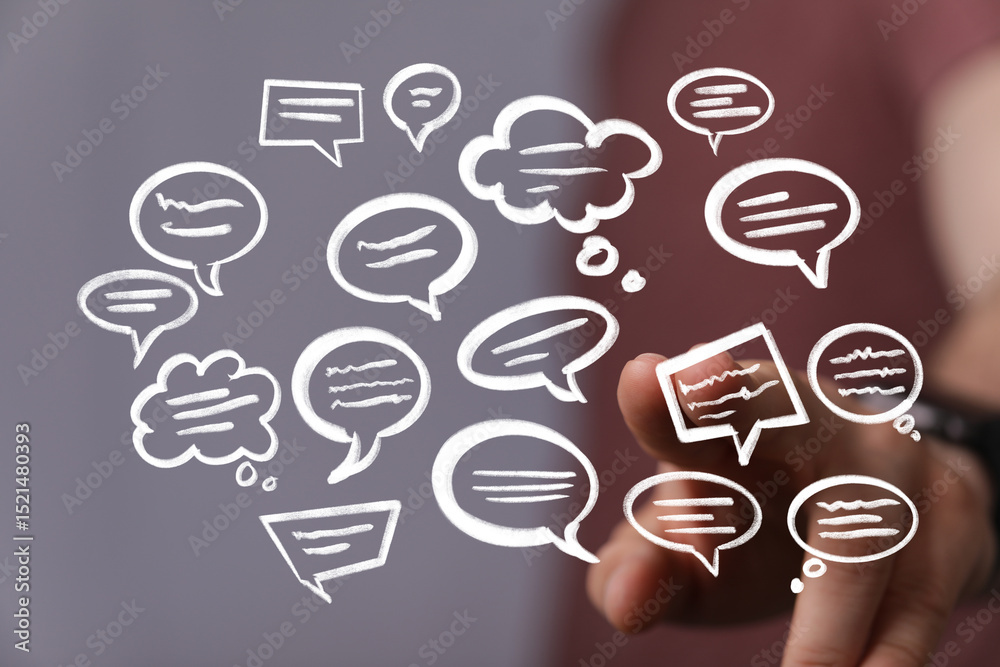 Poster Hand interacting with floating speech bubbles,concepts of communication, teamwork, and feedback.